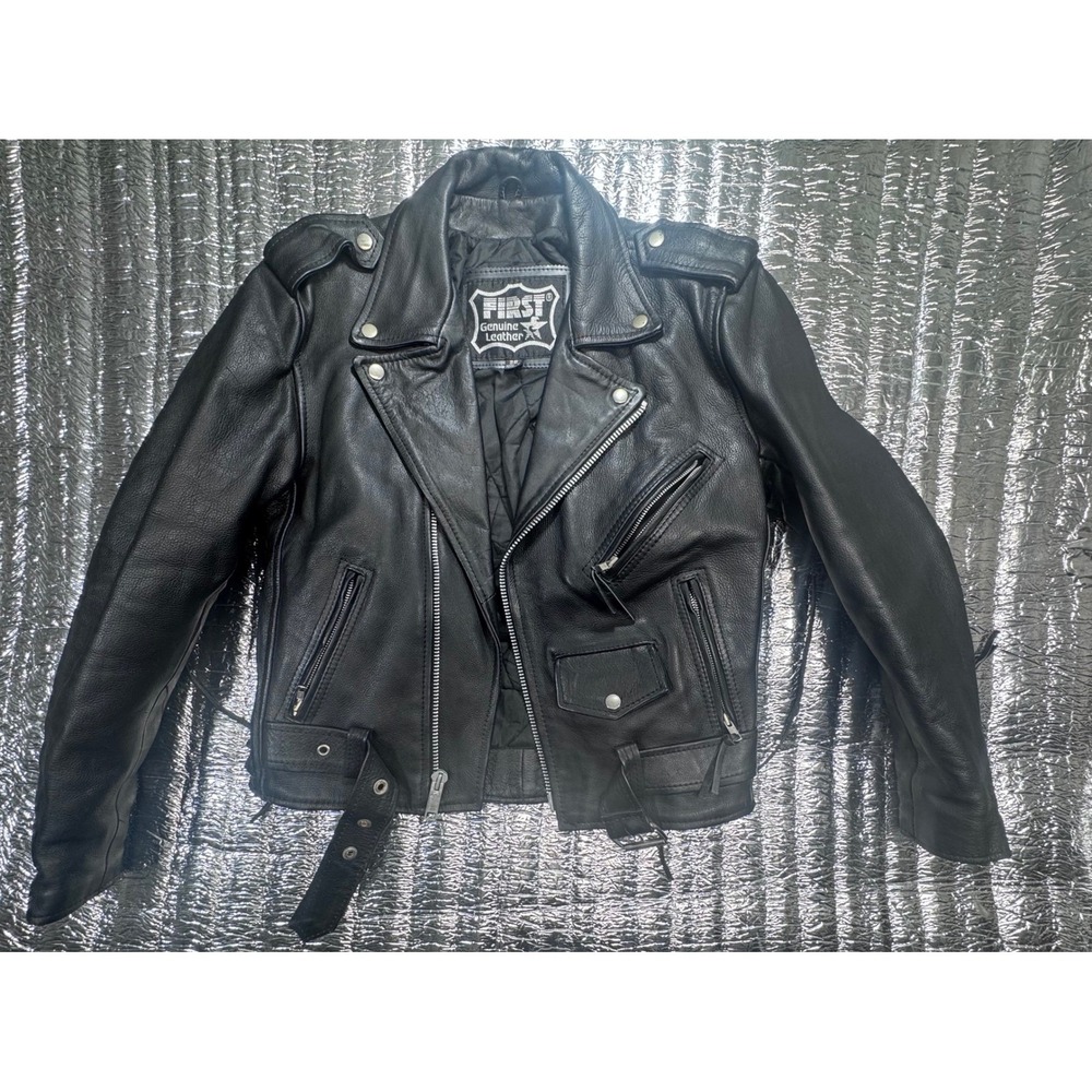 First Genuine Leather Motorcycle Jacket Black Biker Belted Quilted Lining 36